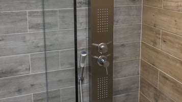 Shower, free toiletries, hair dryer, towels