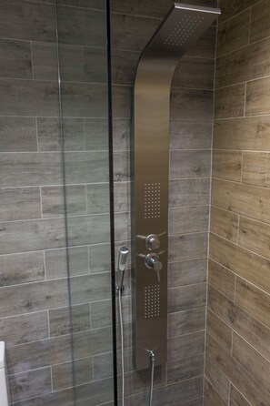 Shower, free toiletries, hair dryer, towels