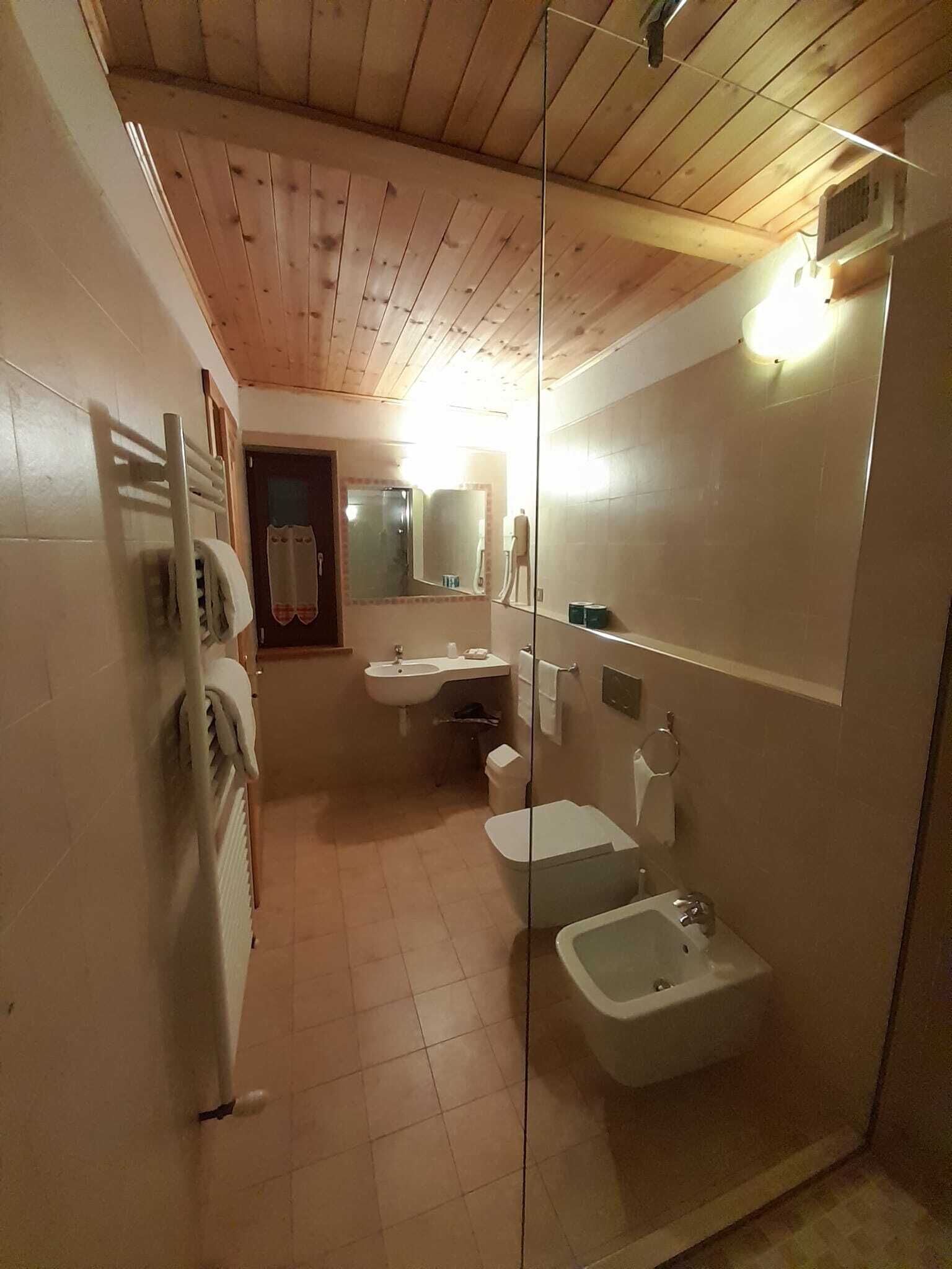Un baño con techo de madera, un lavabo, un espejo y un inodoro.