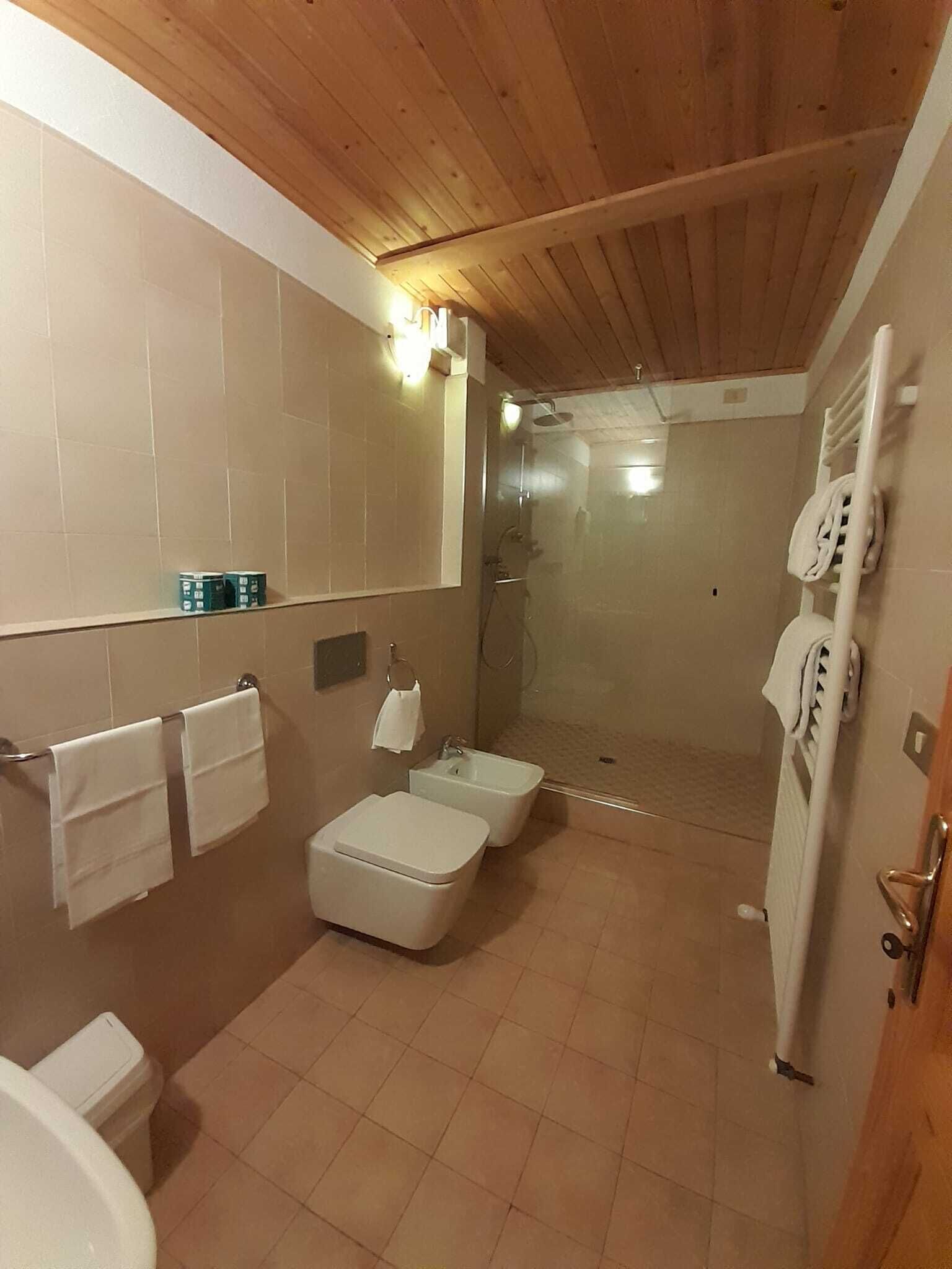 Un baño con ducha, dos inodoros y un lavabo.