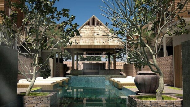 A pool area with a gazebo, stone walls, and trees. - The Edelweiss Ultimo Canggu (Cemagi)