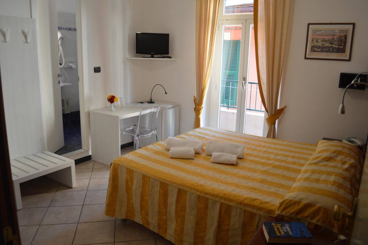 A hotel room with a bed, a desk, a chair, a TV, and a shower area.