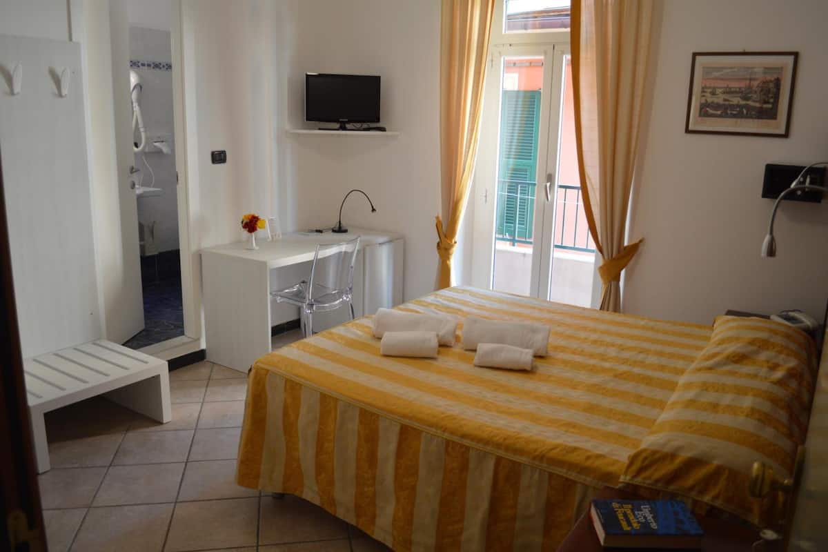 Una camera d'albergo con un letto, una scrivania, una sedia, una TV e un angolo doccia.