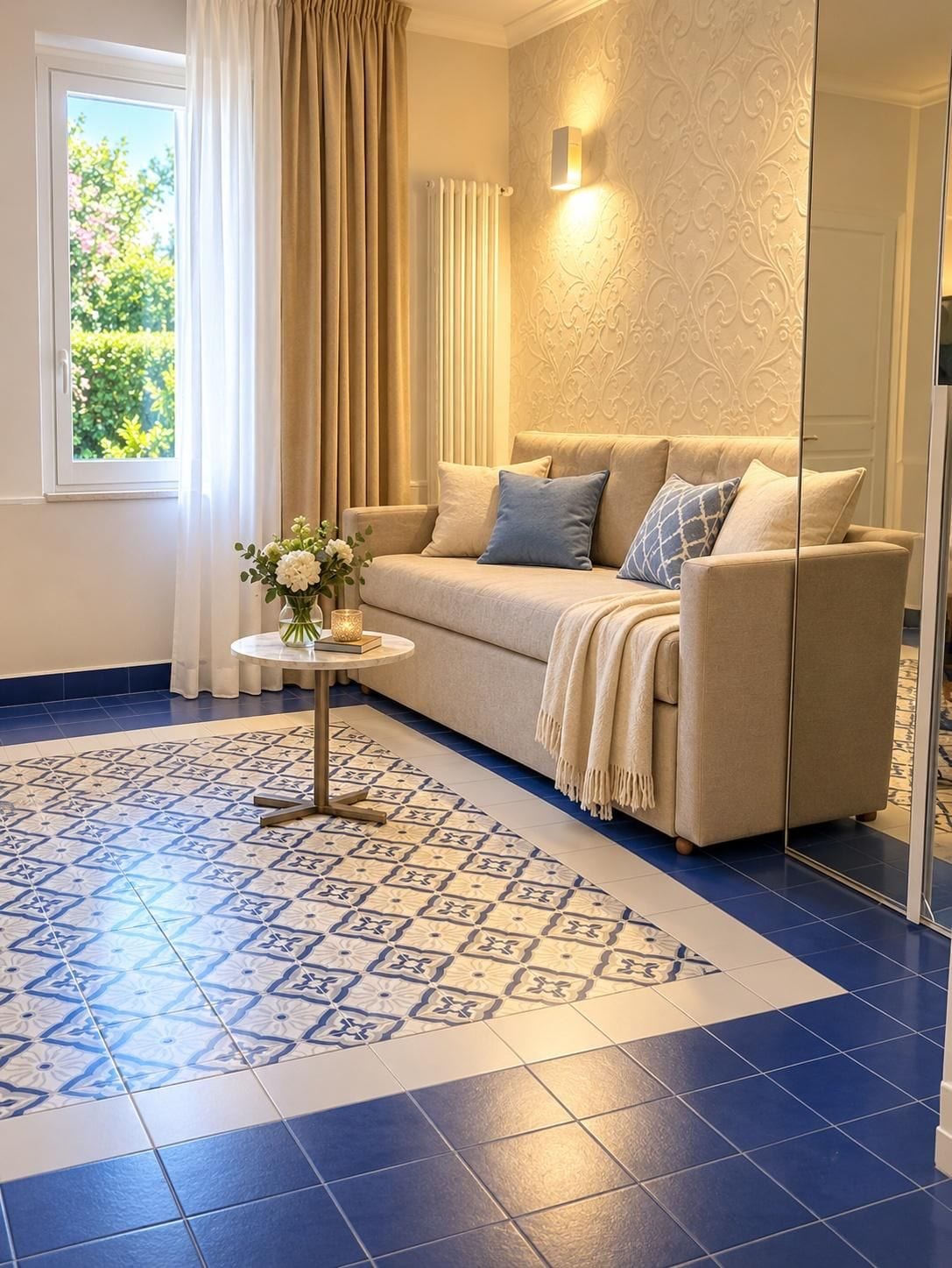 A living room with a beige sofa, a small round table with a vase of flowers, patterned blue and white tiles, and a large window with curtains.