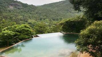 A rectangular pool with a clear blue water surface, surrounded by lush greenery and trees.