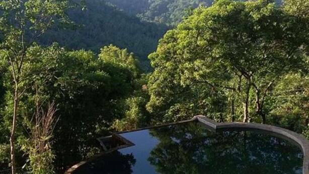 A circular water feature surrounded by lush greenery and trees. - Birds Park Polgahawela (Alawwa)