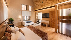 Un dormitorio con una cama grande, un sofá, un televisor y piso de madera.