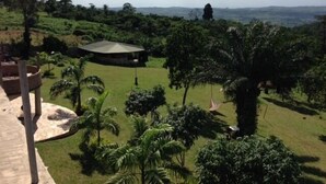 A tropical landscape with a large open area, palm trees, and a distant mountain. - Sweet Mother Eco Resort (Aburi)
