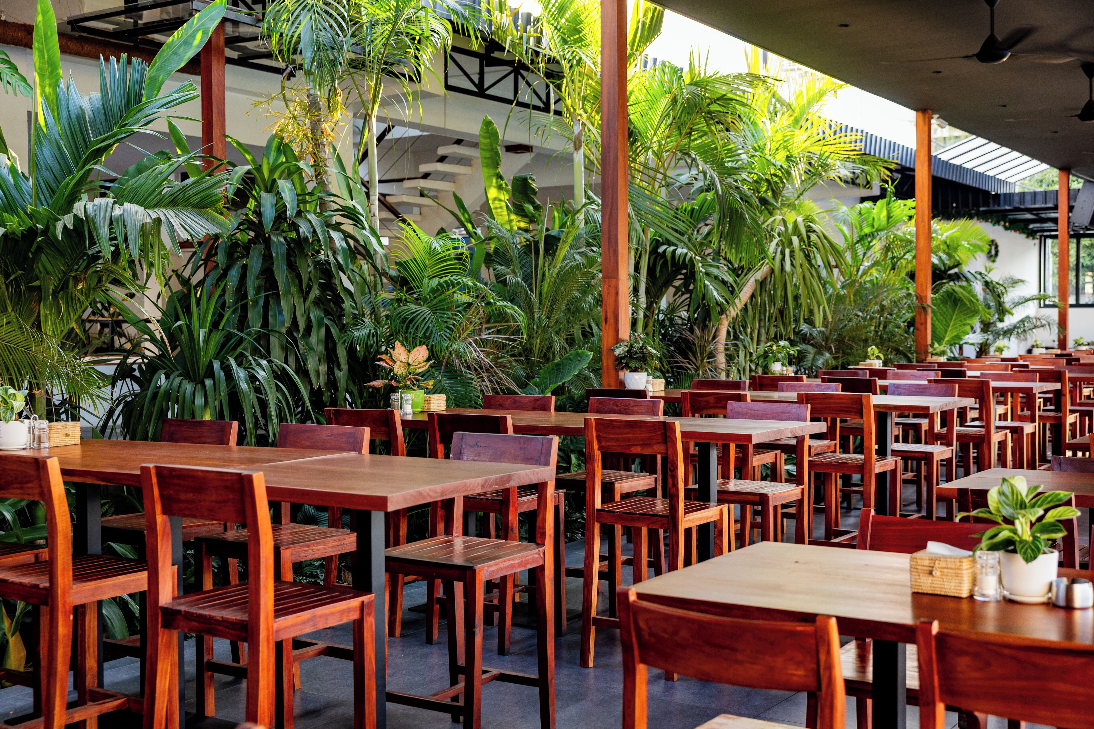 A restaurant with wooden tables and chairs, surrounded by lush tropical plants.