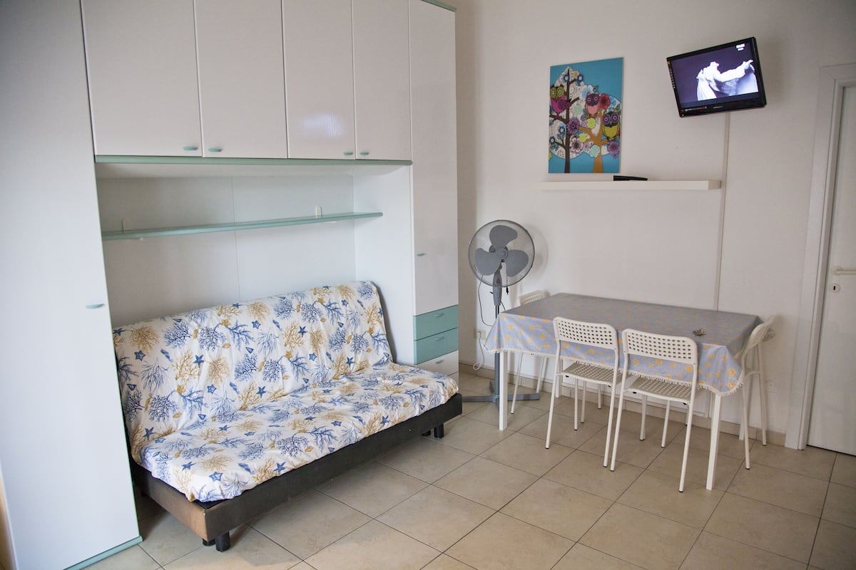 A compact room with a bed, a small table with chairs, a TV, and a fan.
