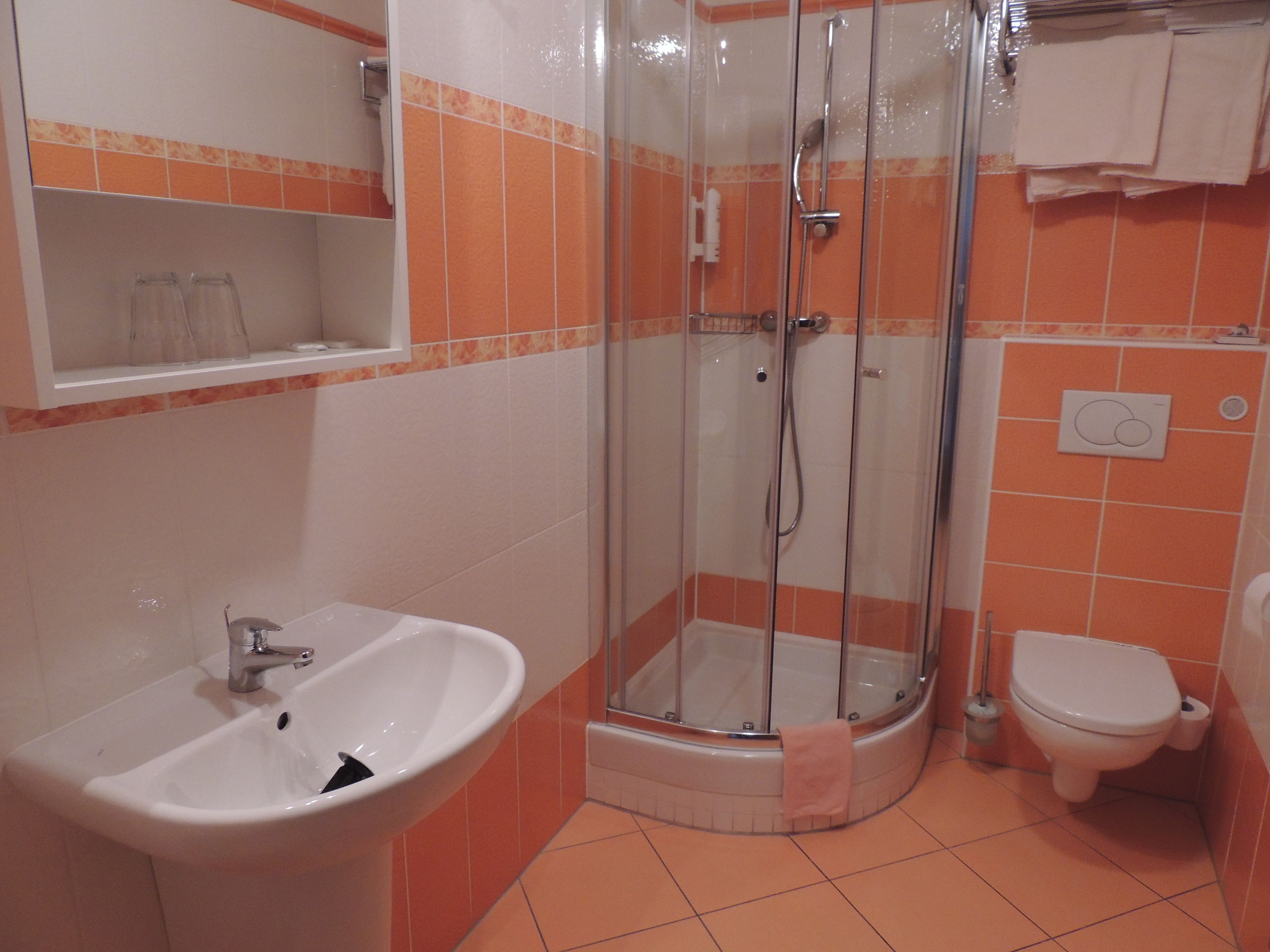 A bathroom with a glass-enclosed shower, a sink, and a toilet.