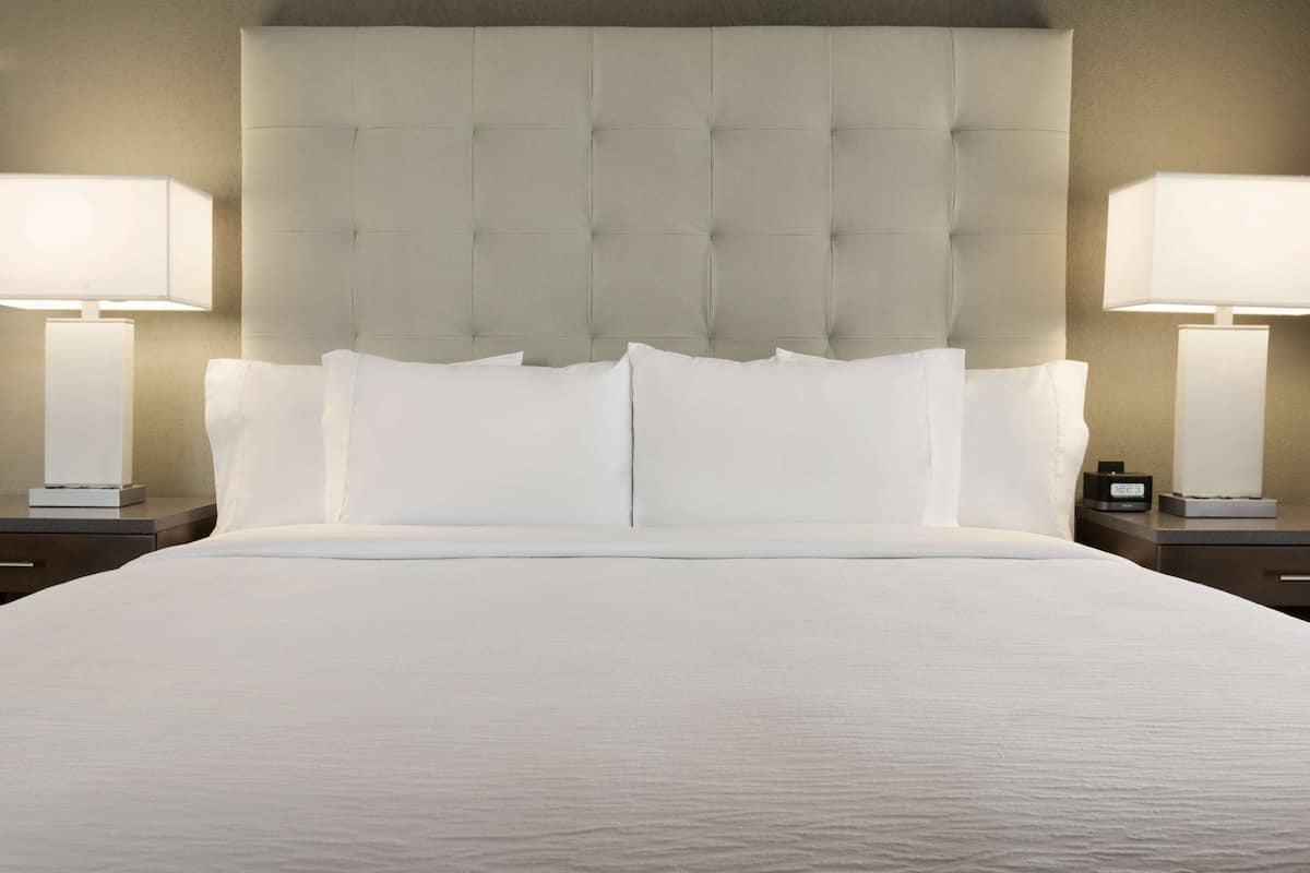 A large bed with a tufted headboard, two bedside lamps, and a nightstand with a clock.