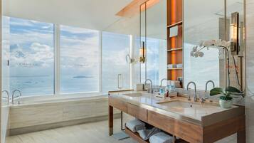 Premier Room, 2 Queen Beds, Sea View | Bathroom | Combined shower/bathtub, hydromassage showerhead, hair dryer, bathrobes