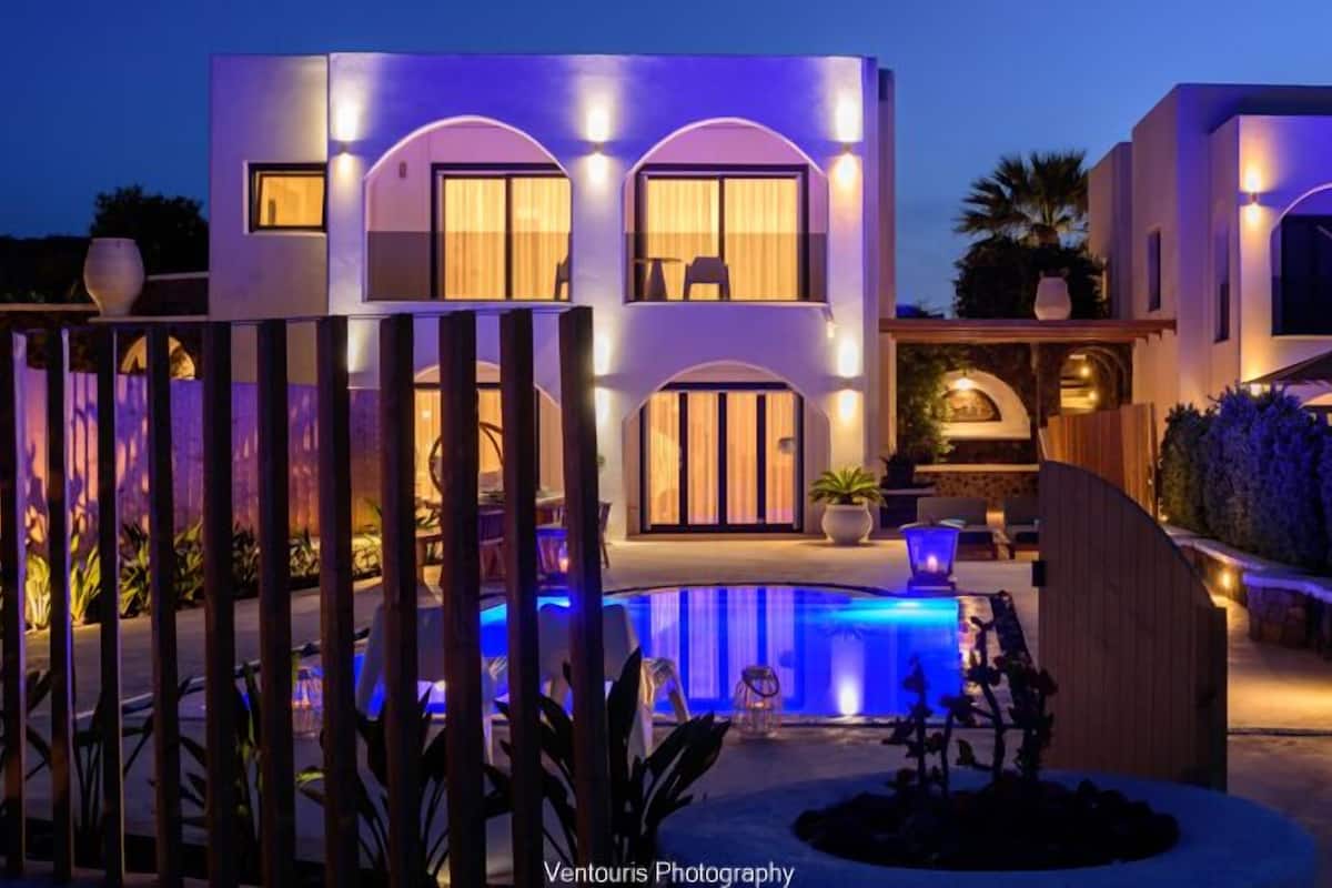 A modern house with a pool, illuminated by purple and blue lights, surrounded by a wooden fence and tropical plants.