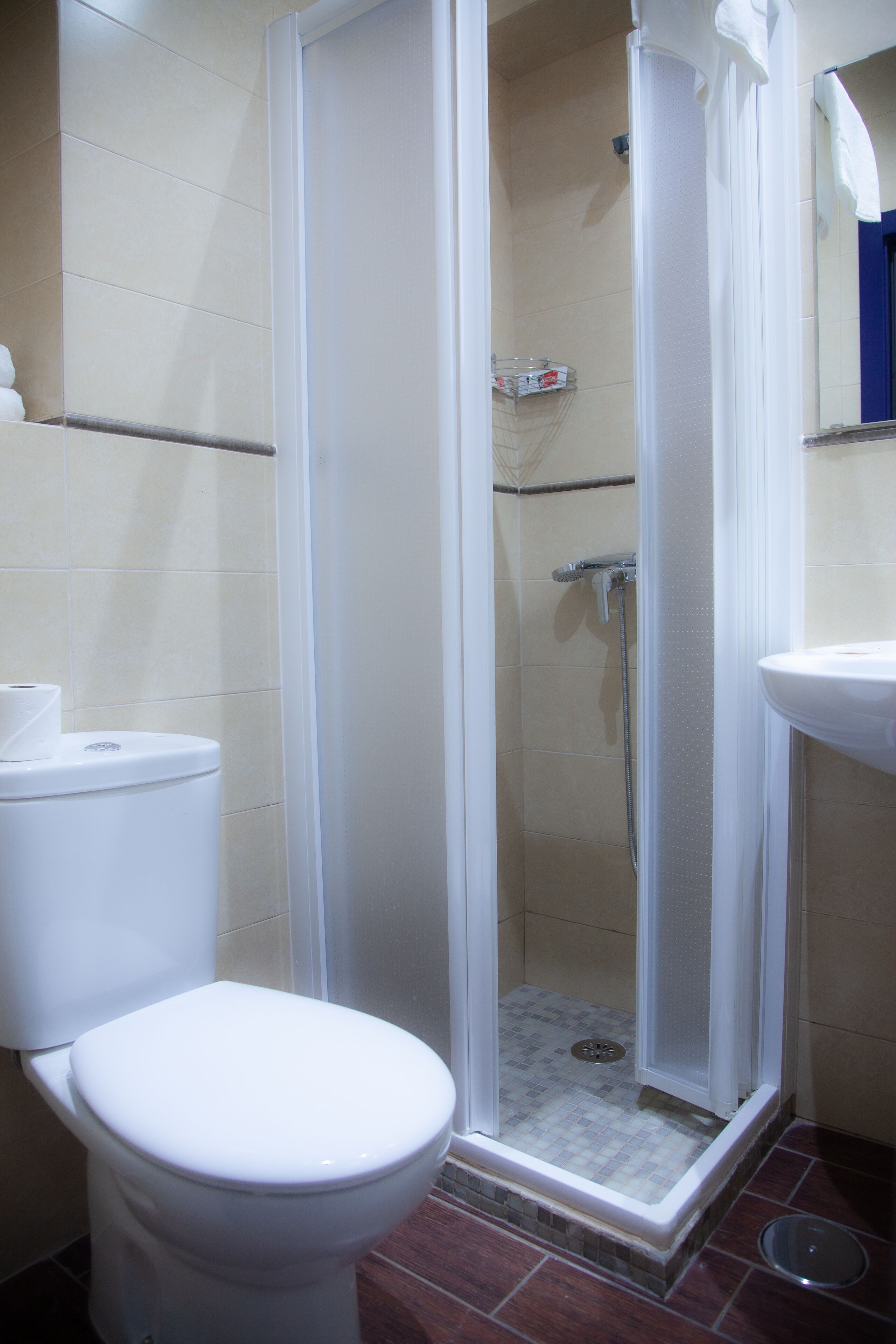 A bathroom with a toilet, a shower enclosure, and a sink.