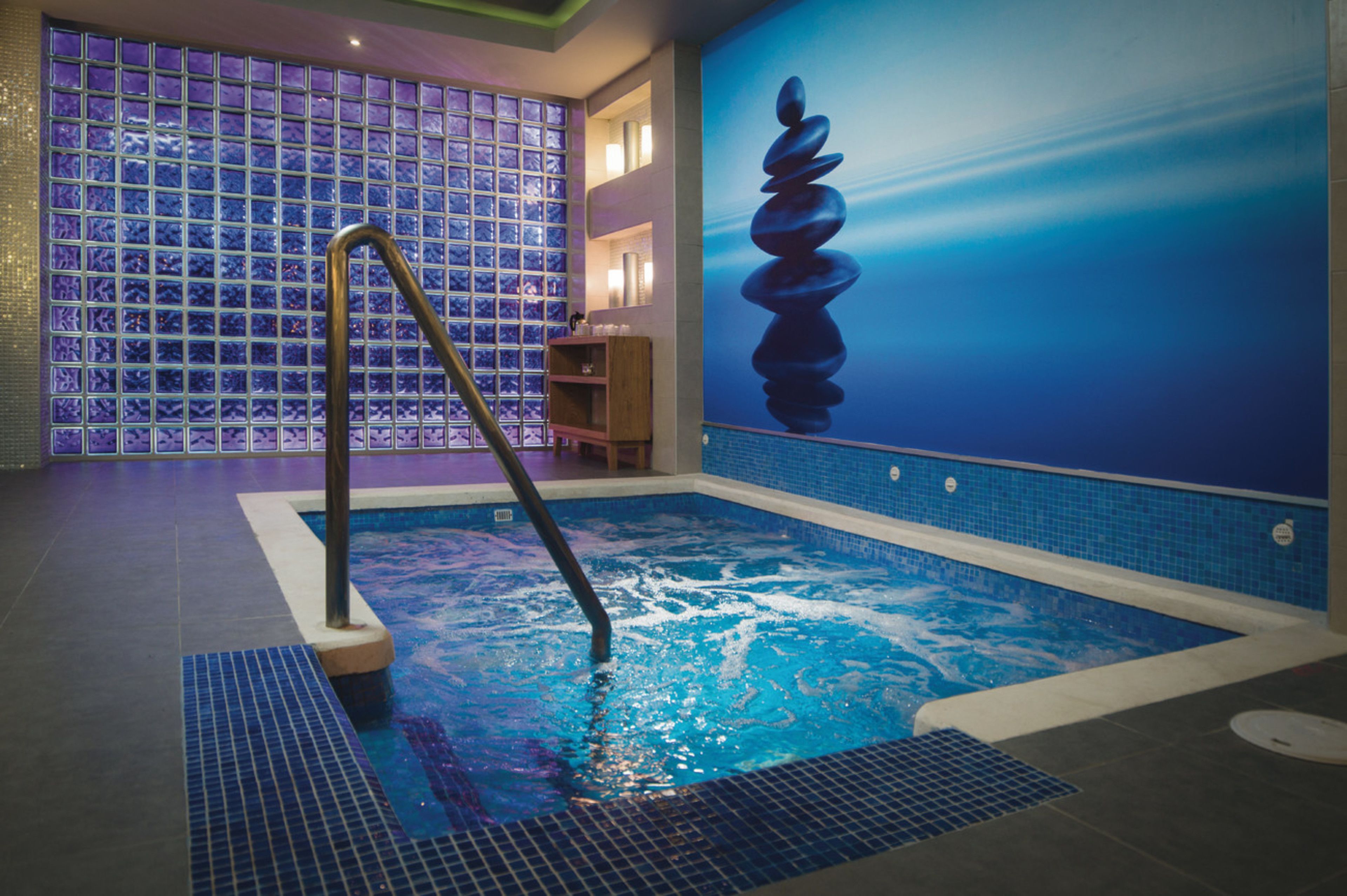 An indoor swimming pool with a glass wall and a wall mural.