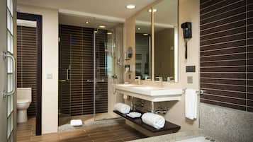 Shower, eco-friendly toiletries, hair dryer, bathrobes