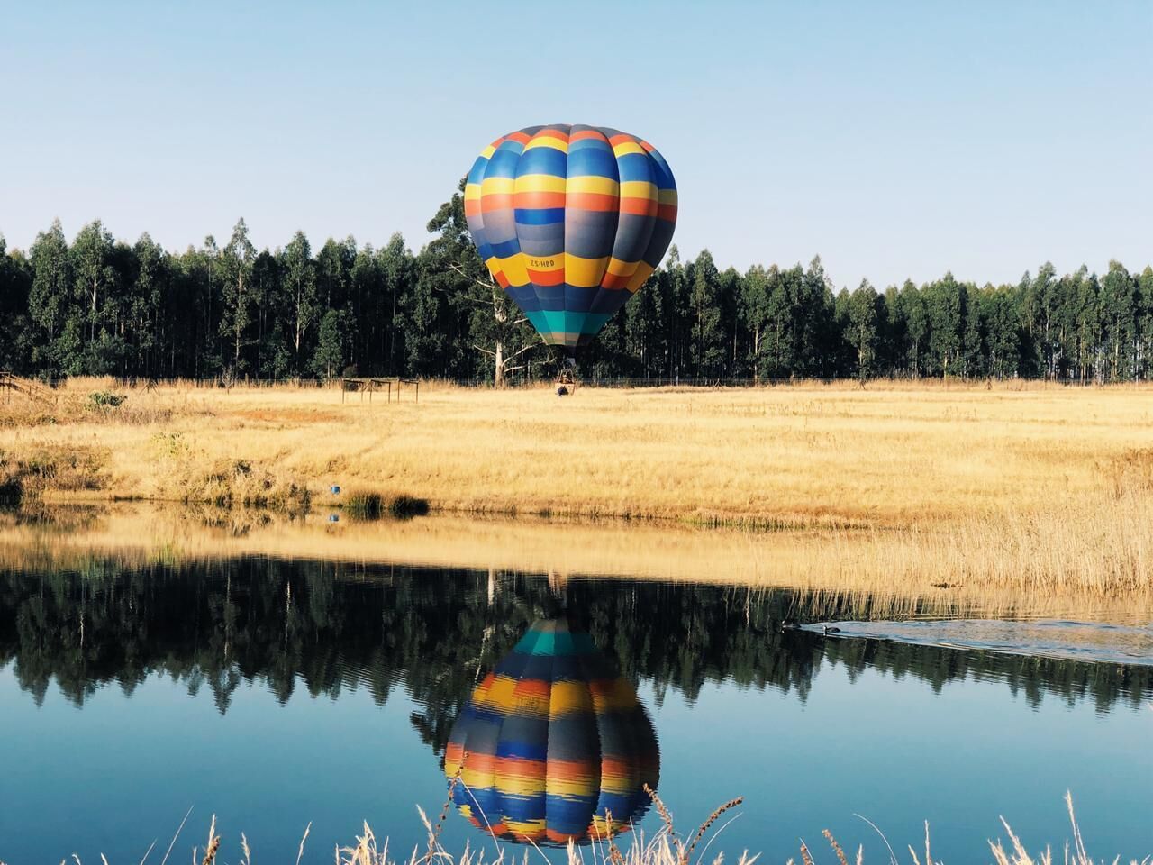 Two hot air balloons over a body of water with a forest in the background.