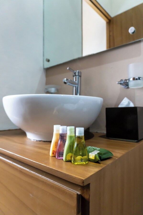 A bathroom with a white sink, a mirror, and a wooden countertop.