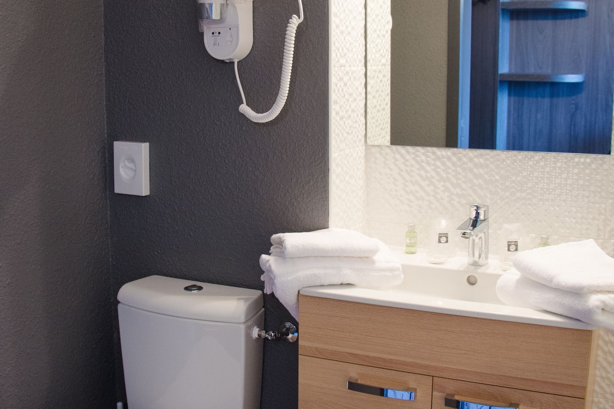 shower, free toiletries, hair dryer, towels