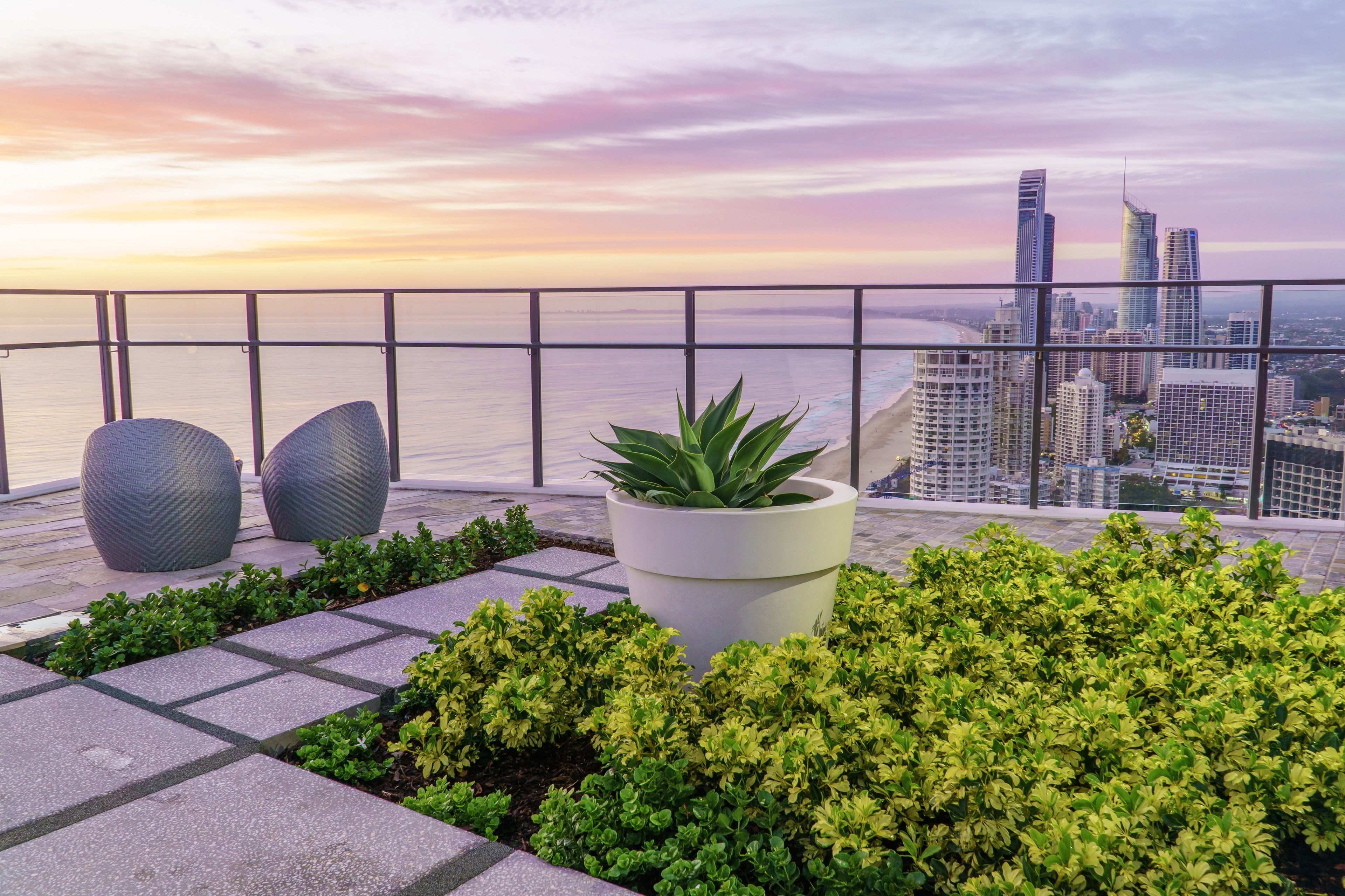 A rooftop terrace with a city skyline view, potted plants, and a railing.