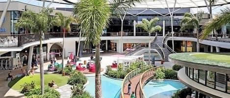 Espai interior de diversos nivells amb una piscina central, palmeres i una zona coberta amb seients.