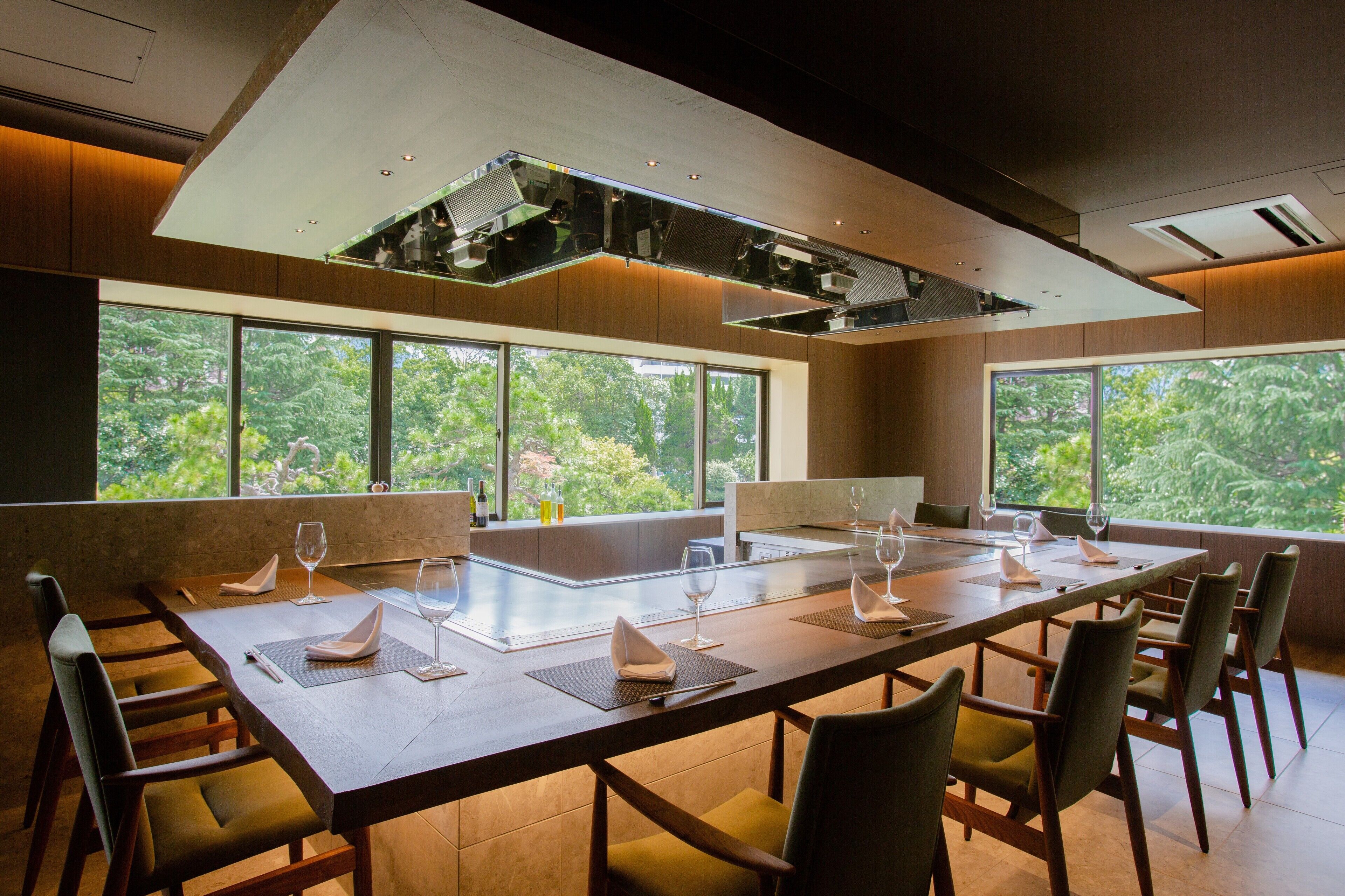A conference room with a long table, chairs, and large windows offering a view of greenery.