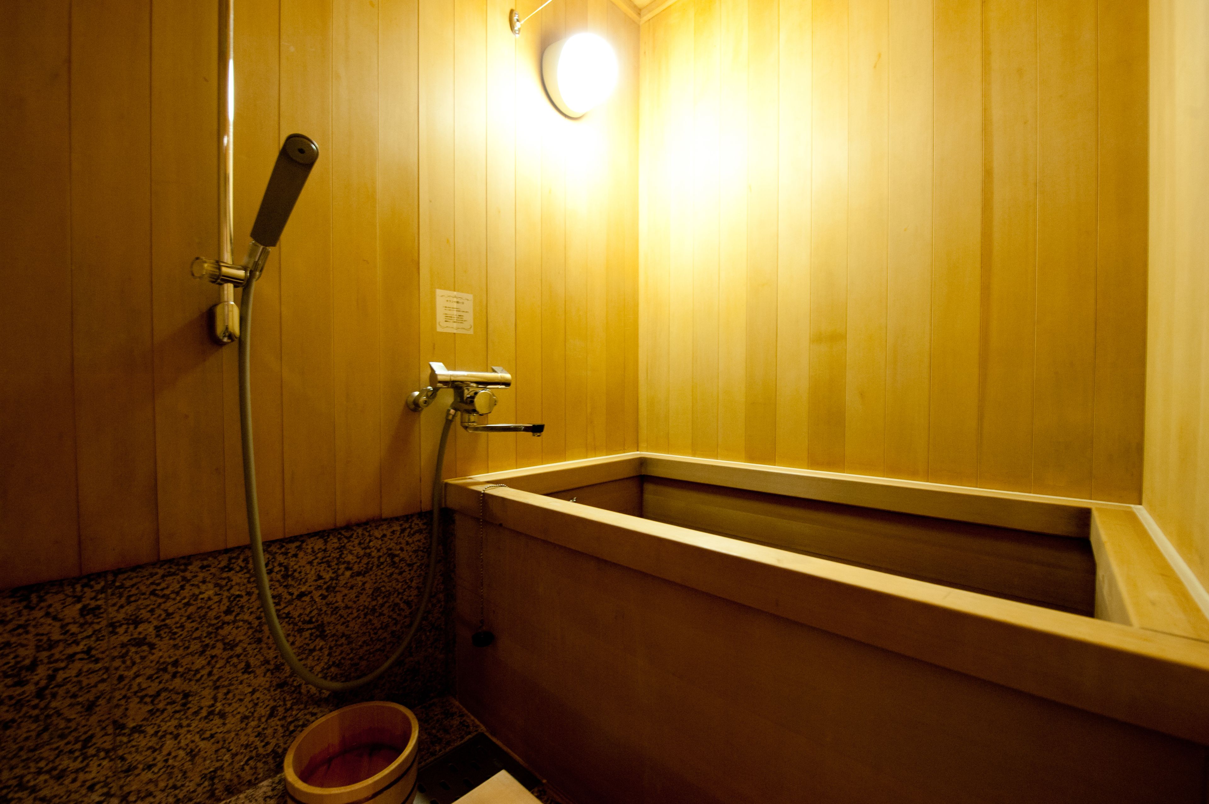 Ambiente interno in legno con una vasca, una doccetta e un lampadario.
