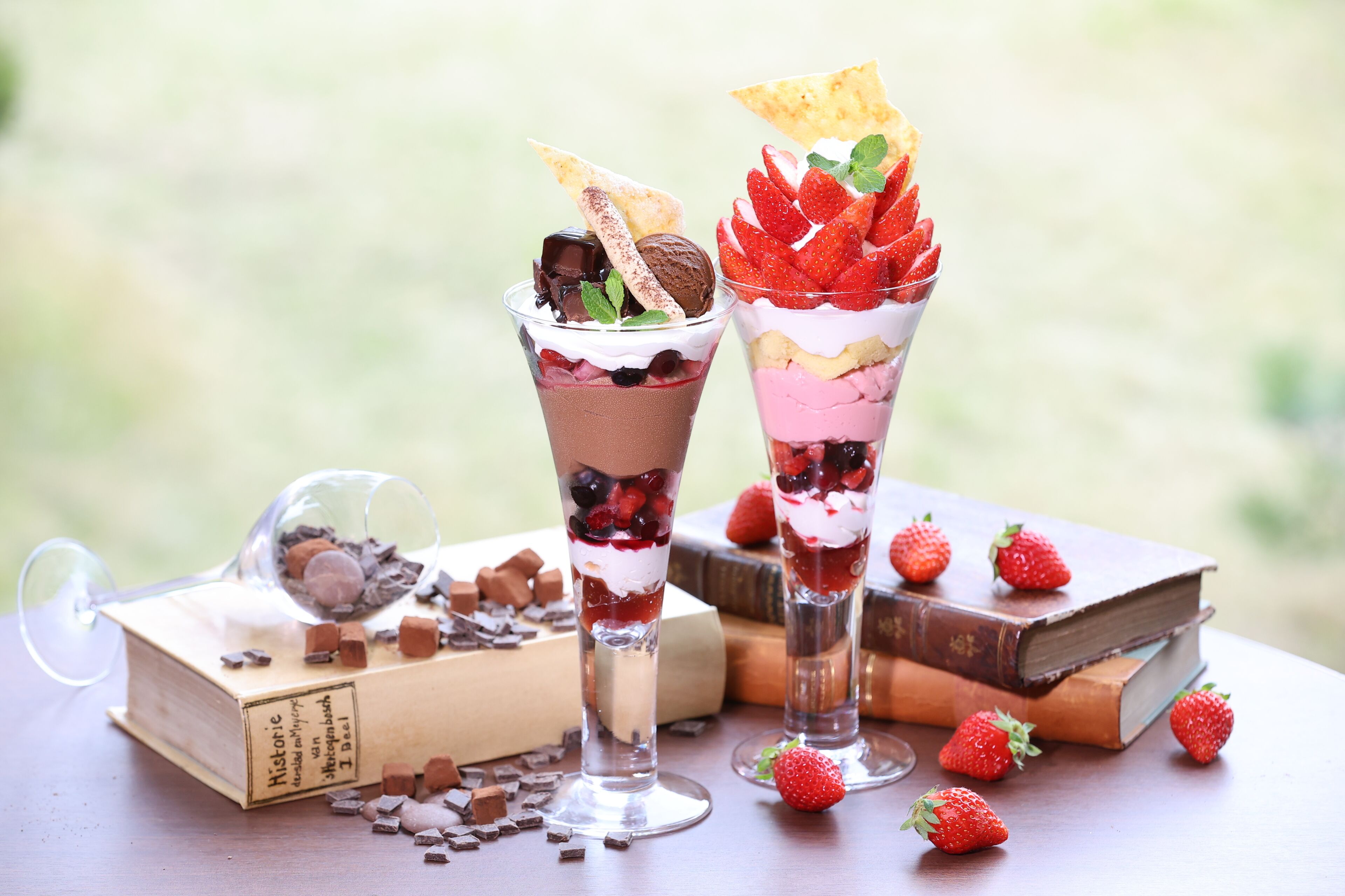 Two layered desserts on a table with books and scattered strawberries.