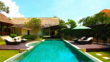 Three Bedroom Private Pool Villa | In-room safe, desk, laptop workspace, blackout drapes