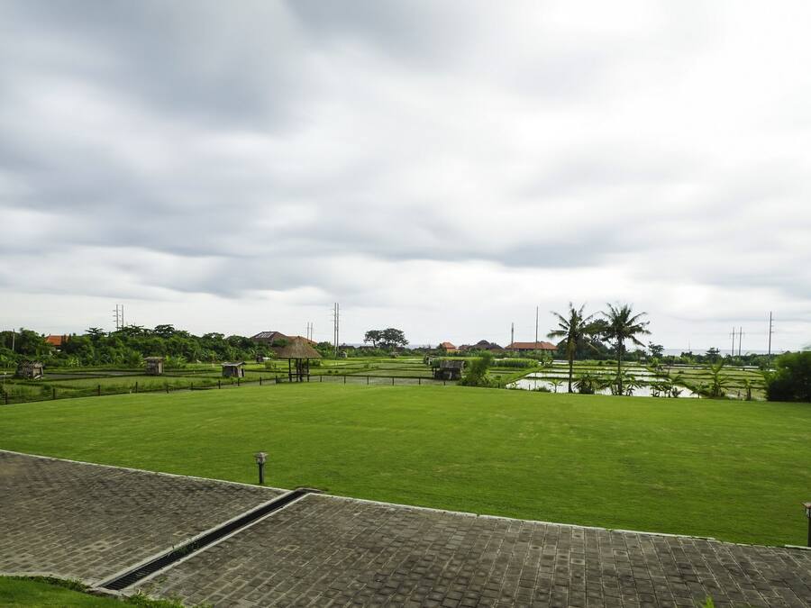 A large, open grassy area with a paved walkway leading to a building.
