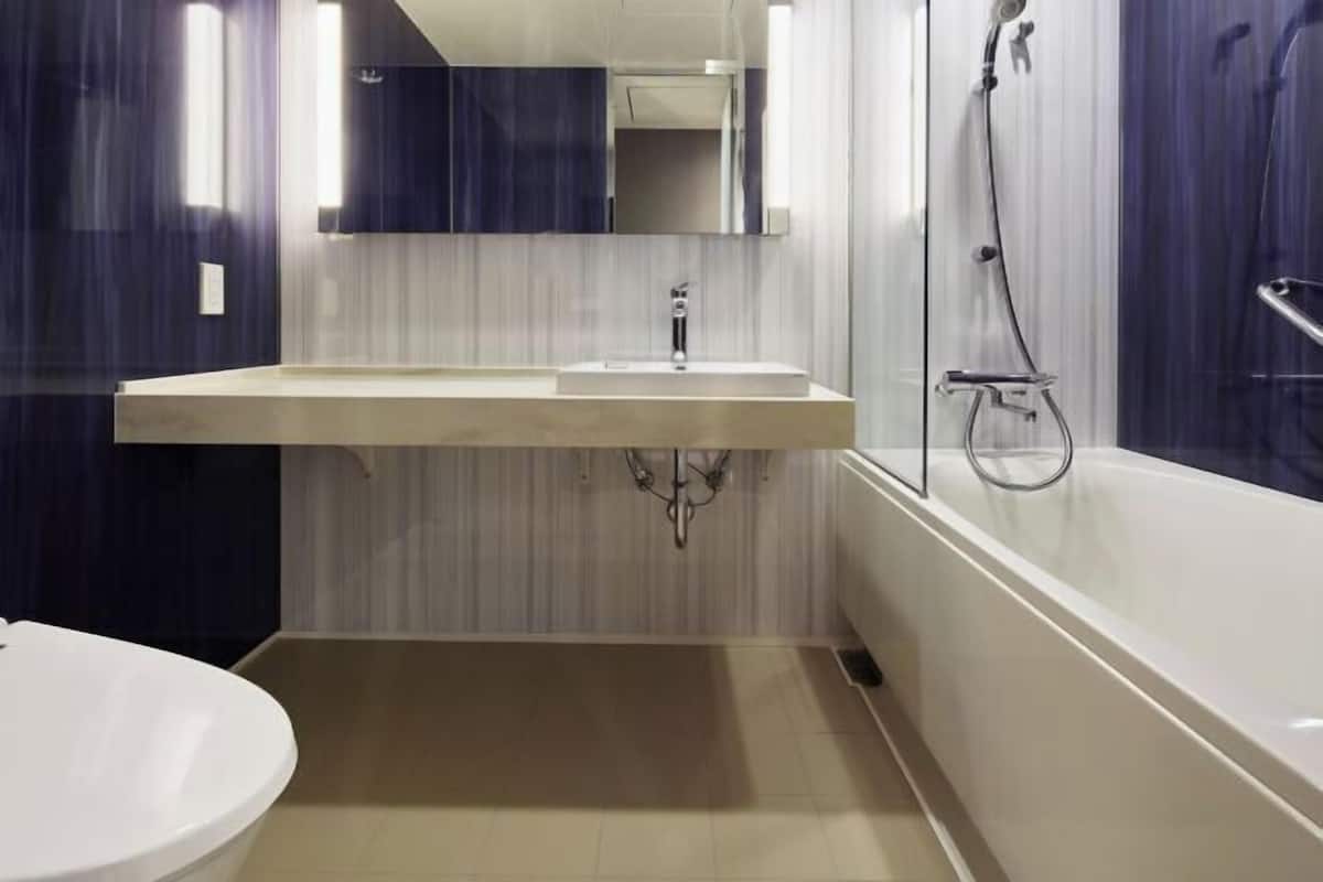 Kombinert dusj/badekar, hårføner, tøfler og bidé