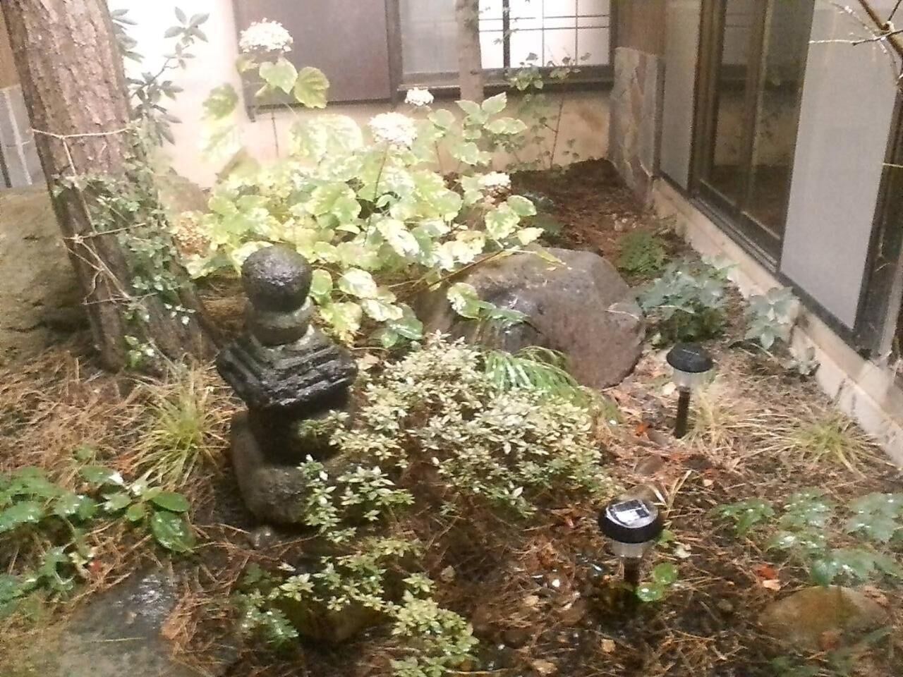 Un jardín con una estatua de piedra, diversas plantas y un pequeño estanque.