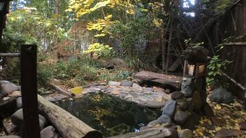 A serene garden with a pond, surrounded by rocks and foliage.