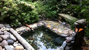 A garden pond with a wooden deck, surrounded by rocks and plants.