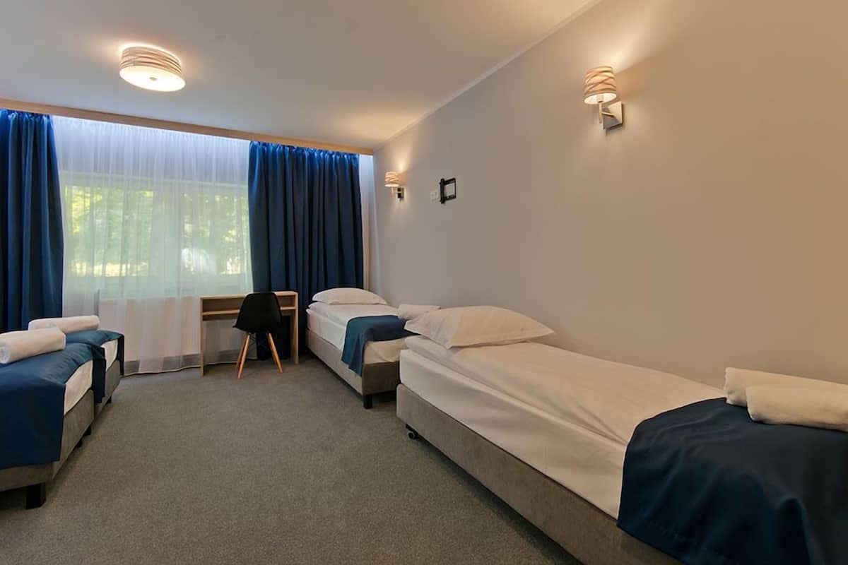 Una habitación de hotel con dos camas individuales, un escritorio y una silla.