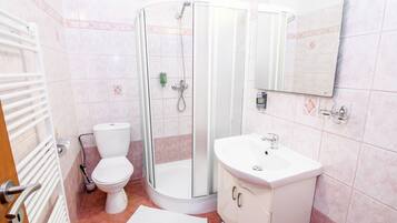 A bathroom with a glass-enclosed shower, a toilet, a sink, and a mirror.