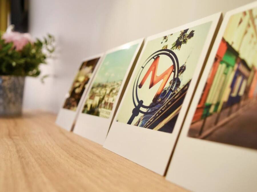 Varias fotografías enmarcadas sobre una mesa de madera, con una planta en maceta al fondo.