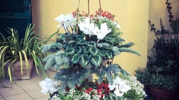 A tiered floral display with various plants and flowers.