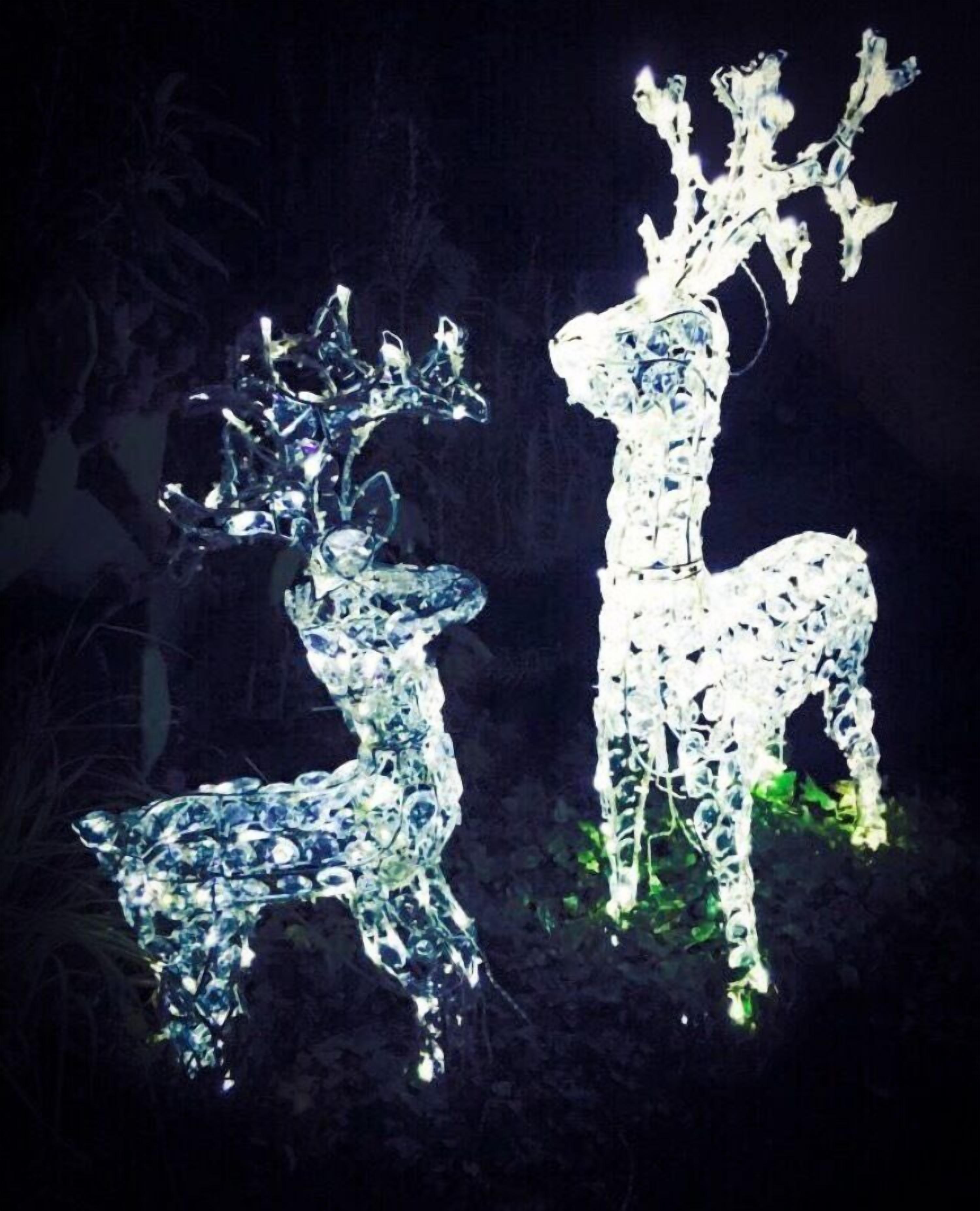 Dos figuras iluminadas de renos, uno de pie y otro sentado, sobre un fondo oscuro.