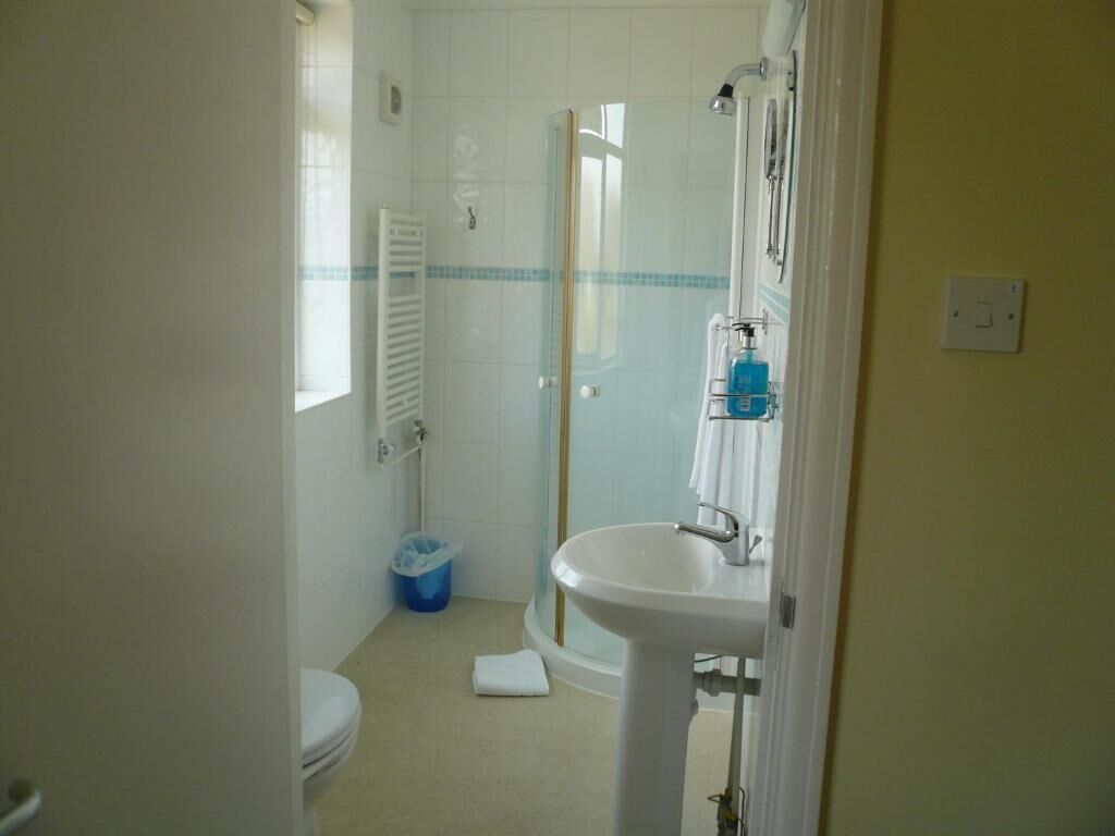 A bathroom with a white sink, a glass shower enclosure, and a toilet.