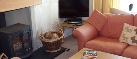 A cozy living room with a fireplace, a television, a sofa, and a table with magazines.