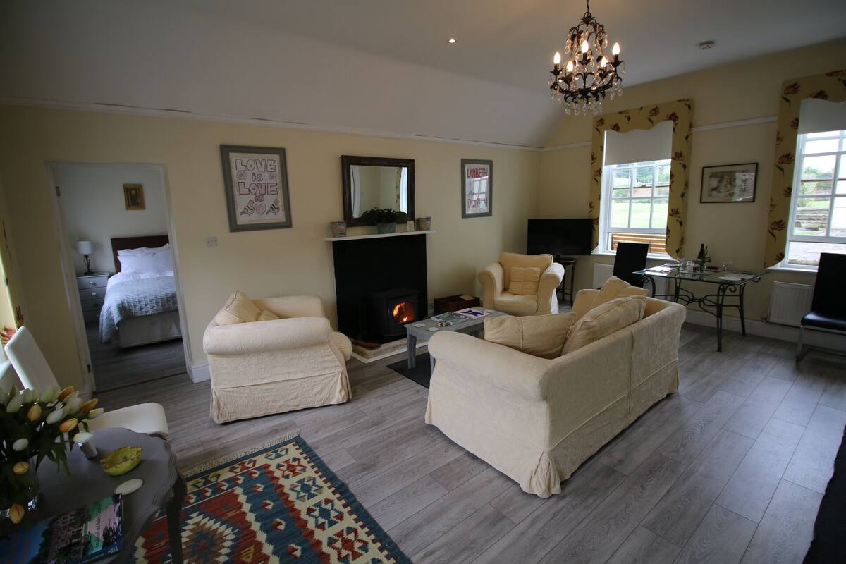 A living room with a fireplace, two sofas, a coffee table, and a dining area with a table and chairs.