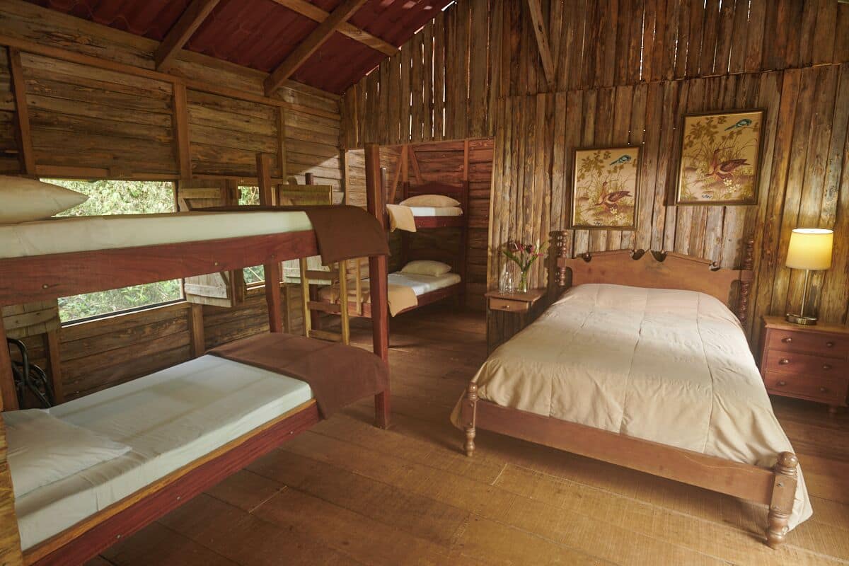 A rustic wooden cabin with bunk beds, a single bed, wooden walls, and framed artwork.