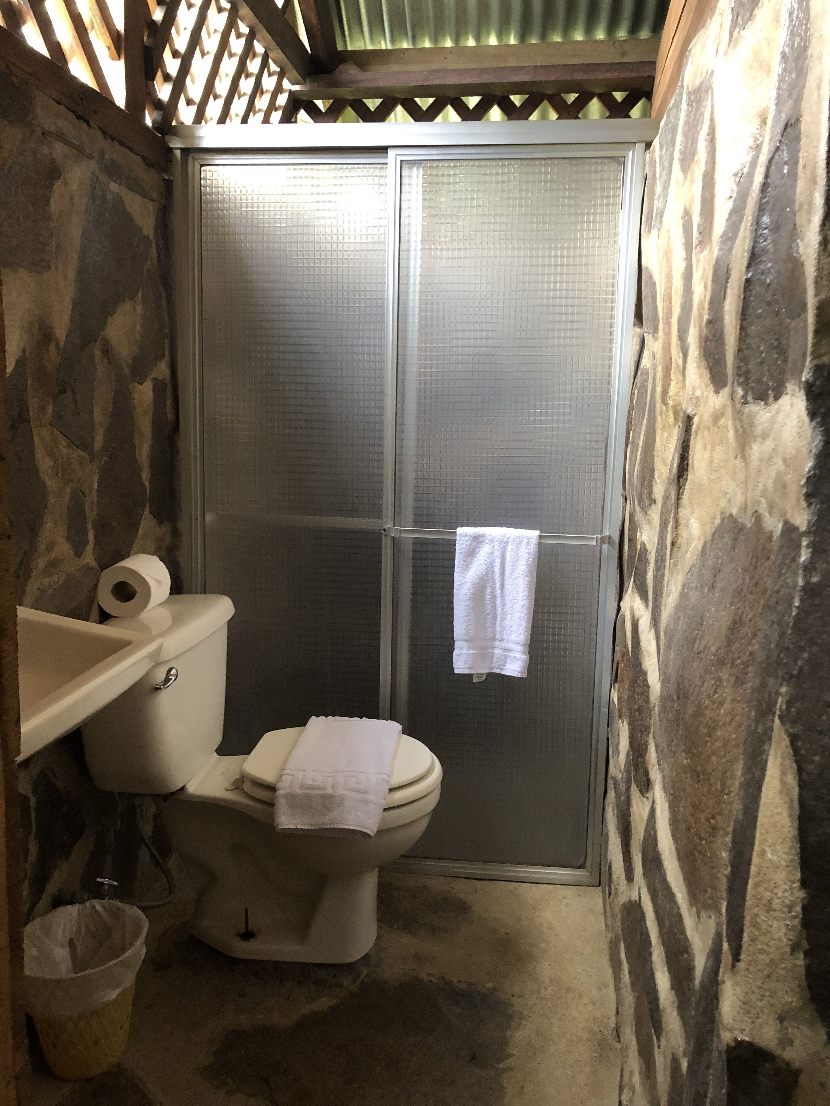 Un baño con inodoro, cabina de ducha y pared de piedra.