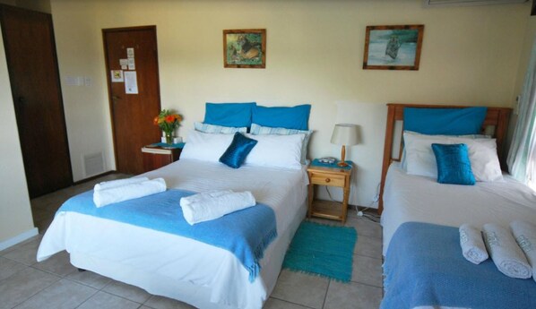 A hotel room with two beds, each with blue and white bedding, a small bedside table with a lamp, and a green rug. - Umkomaas Guest House (Umkomaas)