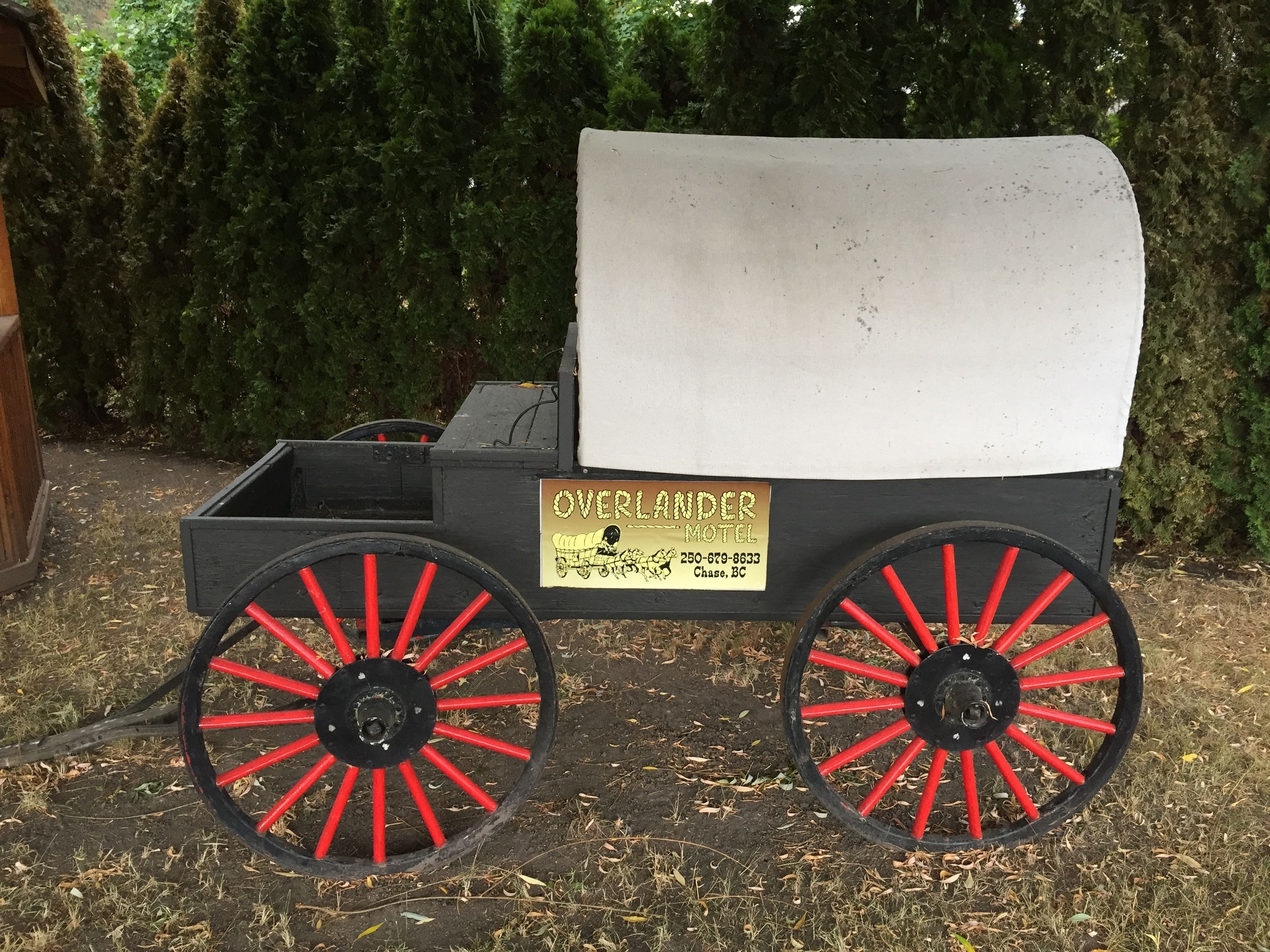 A vintage carriage with red wheels and a white canopy, parked outdoors with a sign indicating it is the Overlander Motel.