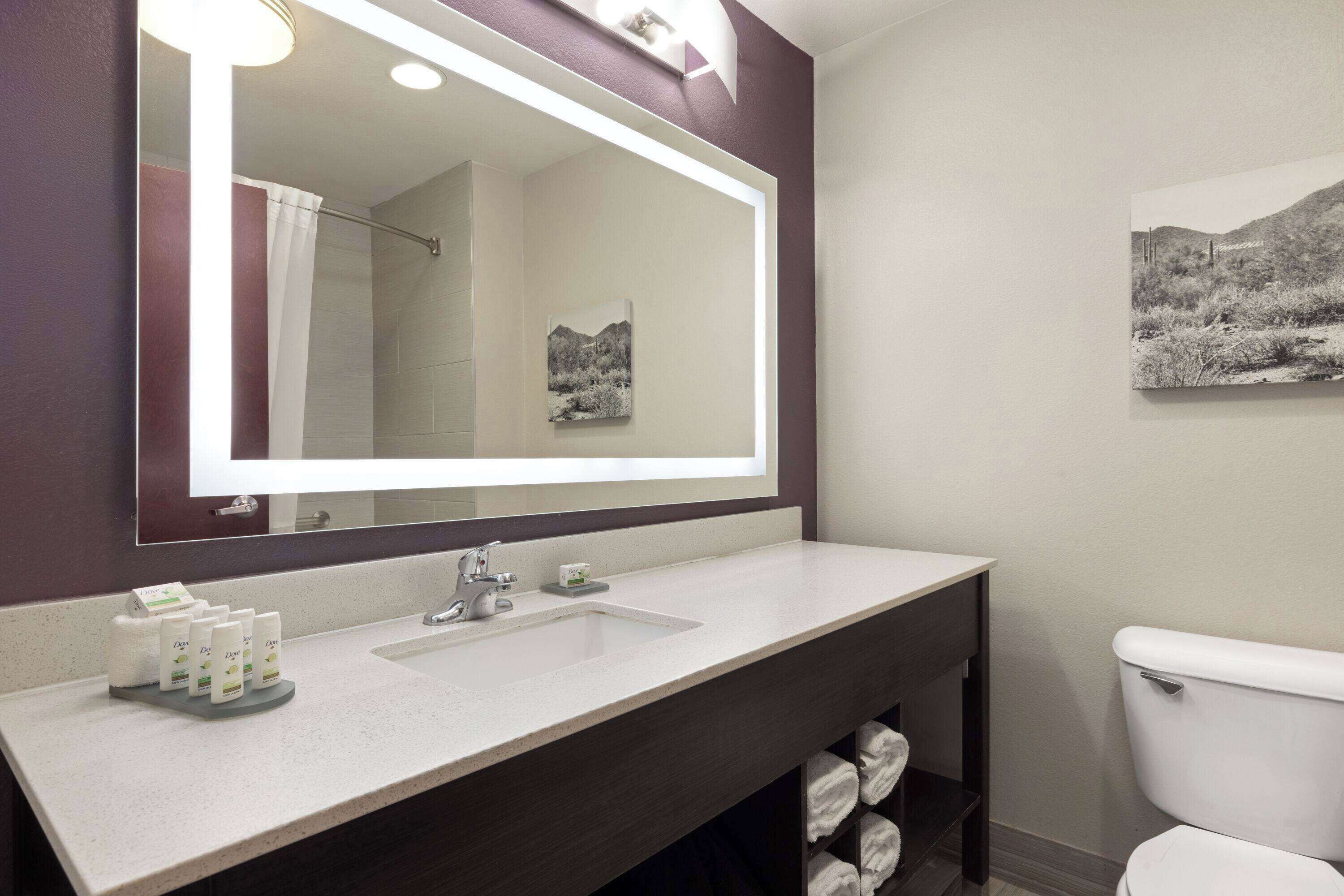 Un baño con un espejo grande, un lavabo, un inodoro y un estante con toallas.