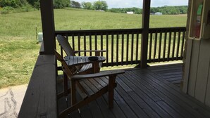 A wooden deck with a single Adirondack chair and a picnic table. A metal railing surrounds the deck.