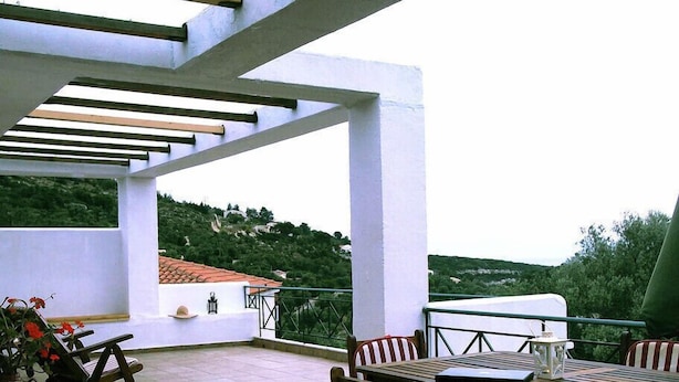 A covered outdoor patio with a table and chairs, a potted plant, and a view of a hillside. - Letos Villas (Paxos)